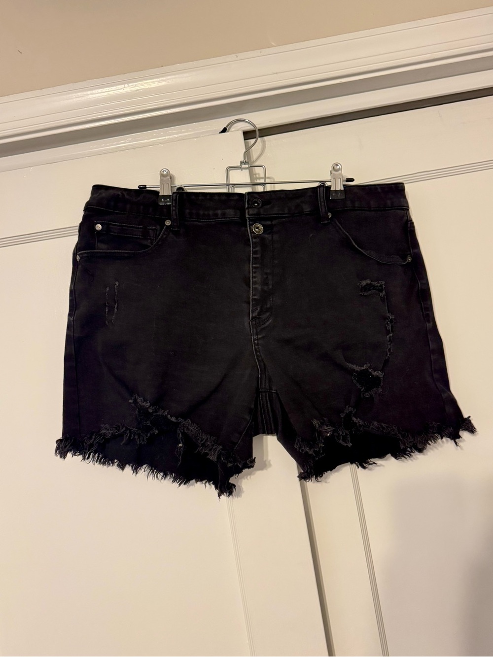 High-Rise Black Distressed Denim Shorts